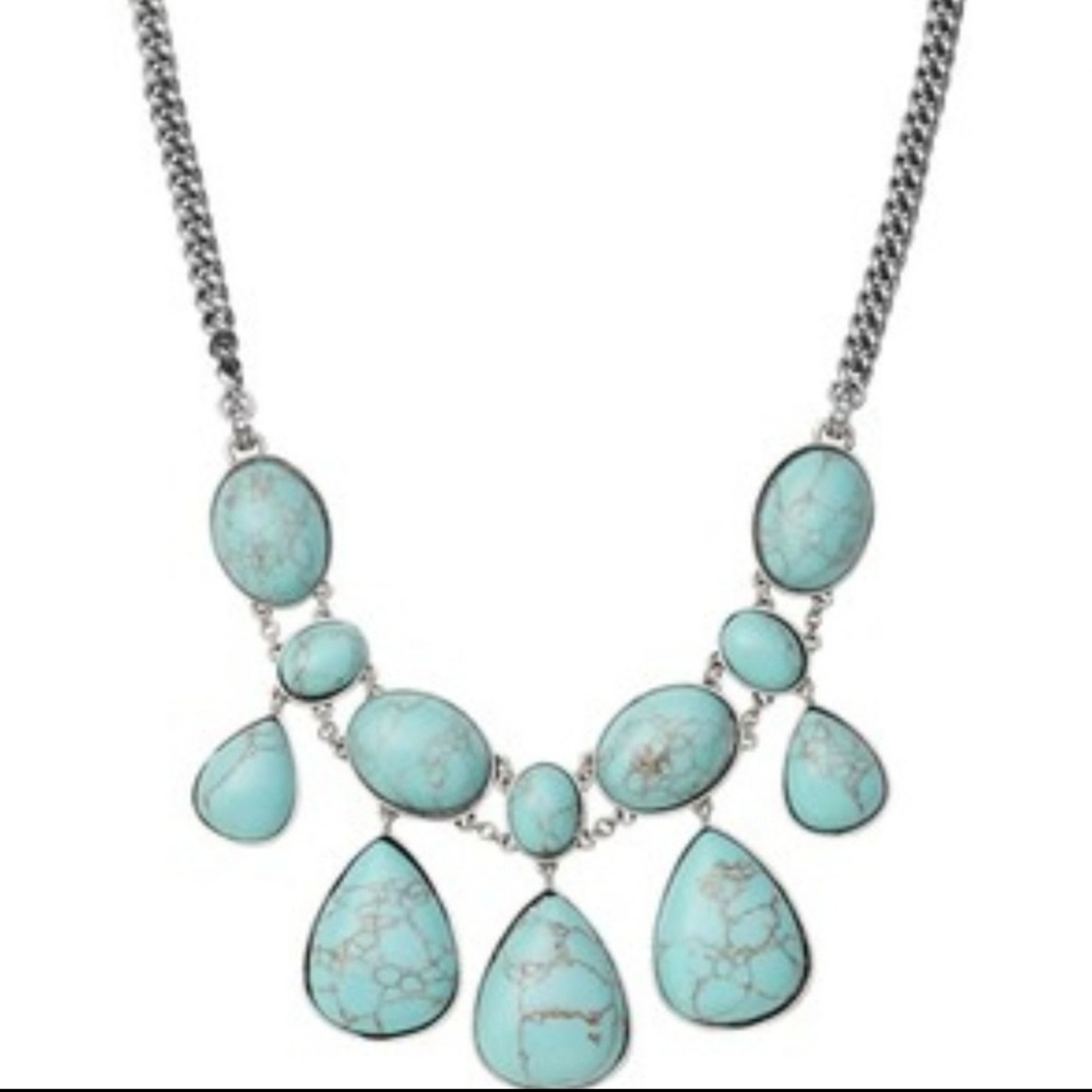Fossil Faux Turquoise Teardrop Statement Silvertone Necklace NEW 16-1/2" + 2-" - Picture 3 of 6